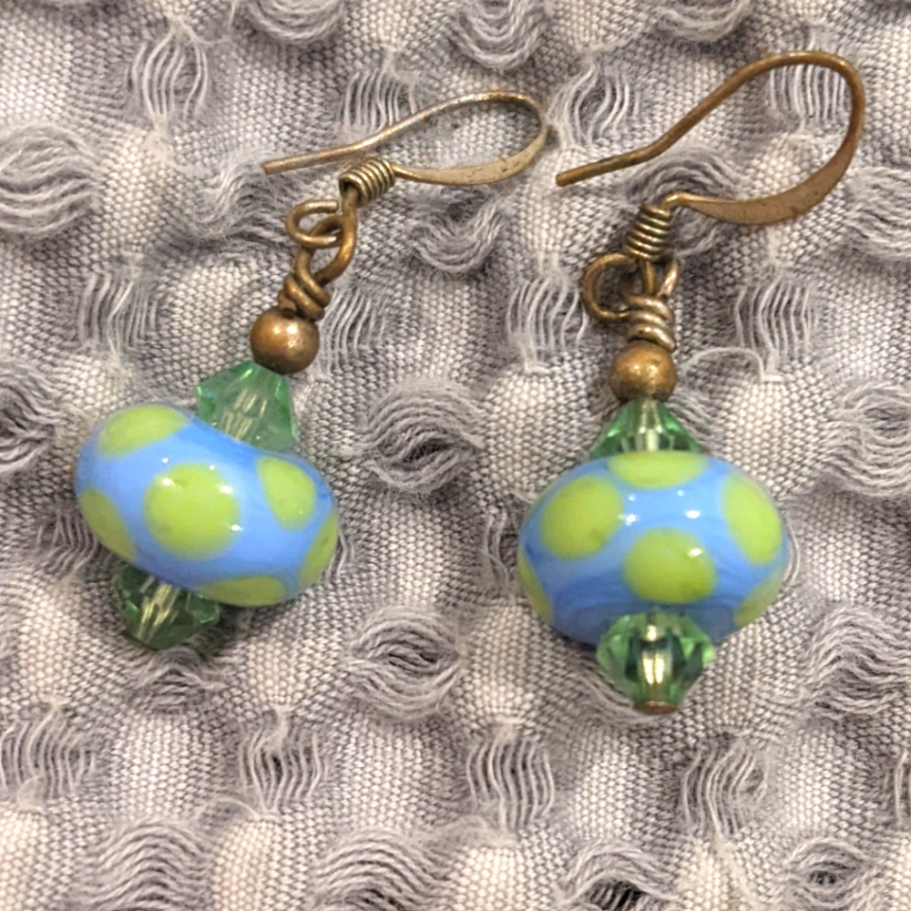 Unique handmade blue and green glass bead earrings